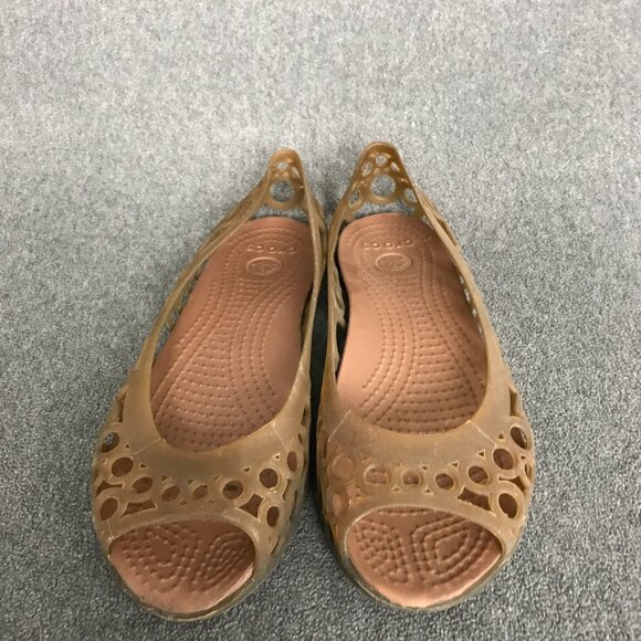 Crocs Adrina Peep Toe Circle Cutout Brown Jelly Slip On Ballet Flats Womens SZ 6 - Picture 4 of 9